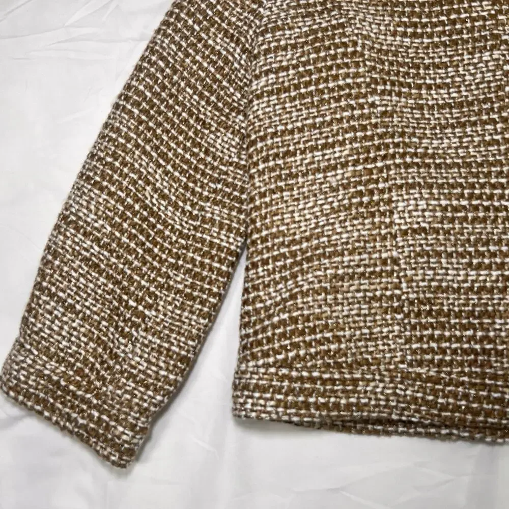 Cabi Phoebe Jacket Size M Brown White Metallic Tweed Fringe Blazer Style 343